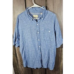 Weatherproof Vintage Men Blue Plaid Linen Blend Short Sleeve Button Down
